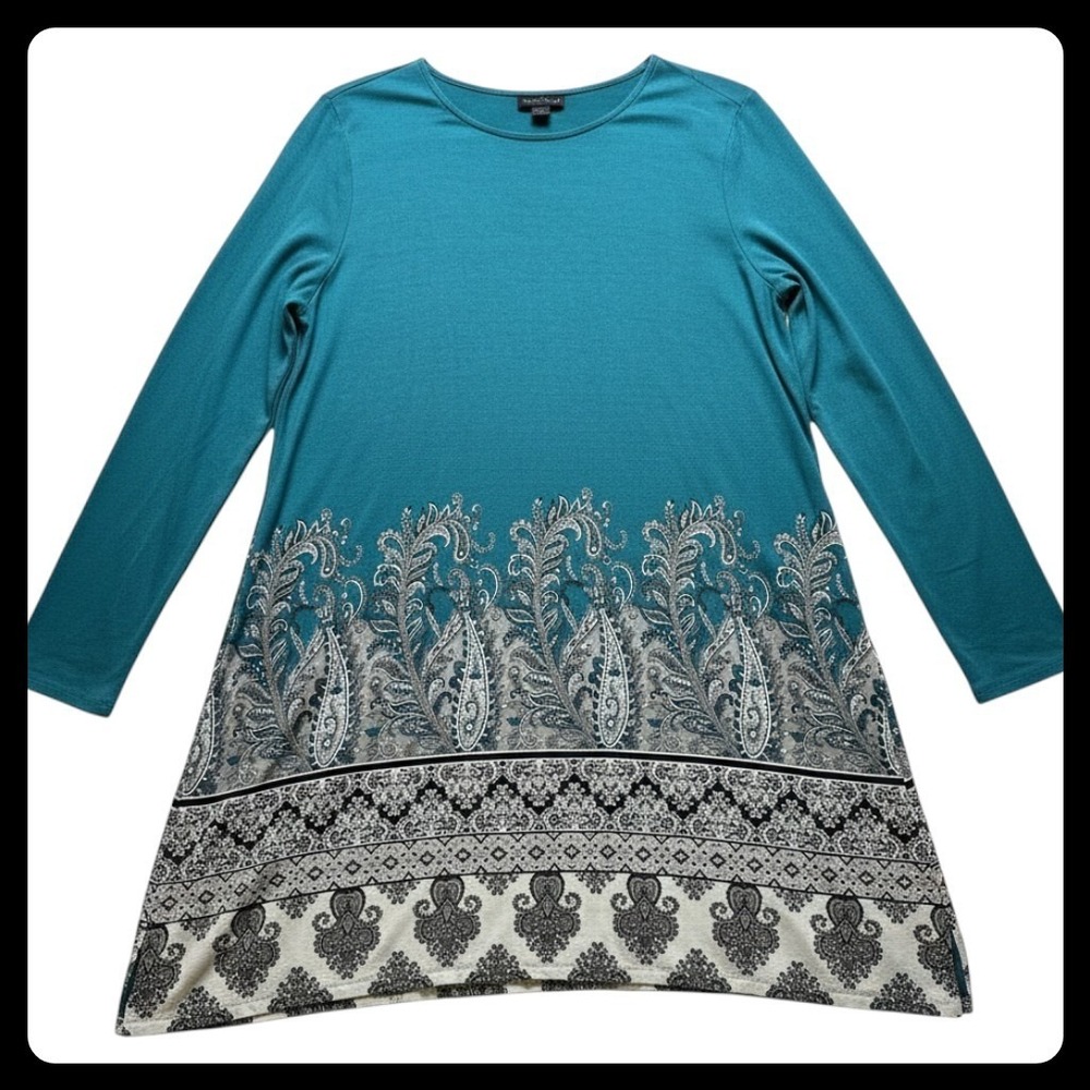 Soft Surroundings Tunic Top Women Small Teal Paisley Border Print Long Sleeve